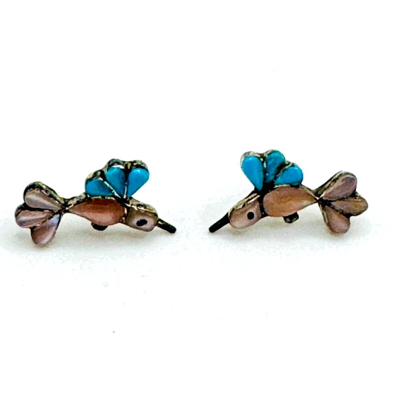 The unbranded brand Jewelry - Vintage Zuni Native Bird Turquoise Abalon Sterling Silver Earrings